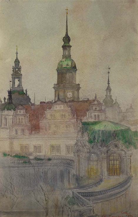 The Zwinger Towers, Dresden, vintage artwork by Cass Gilbert, 12x8" (A4) Poster