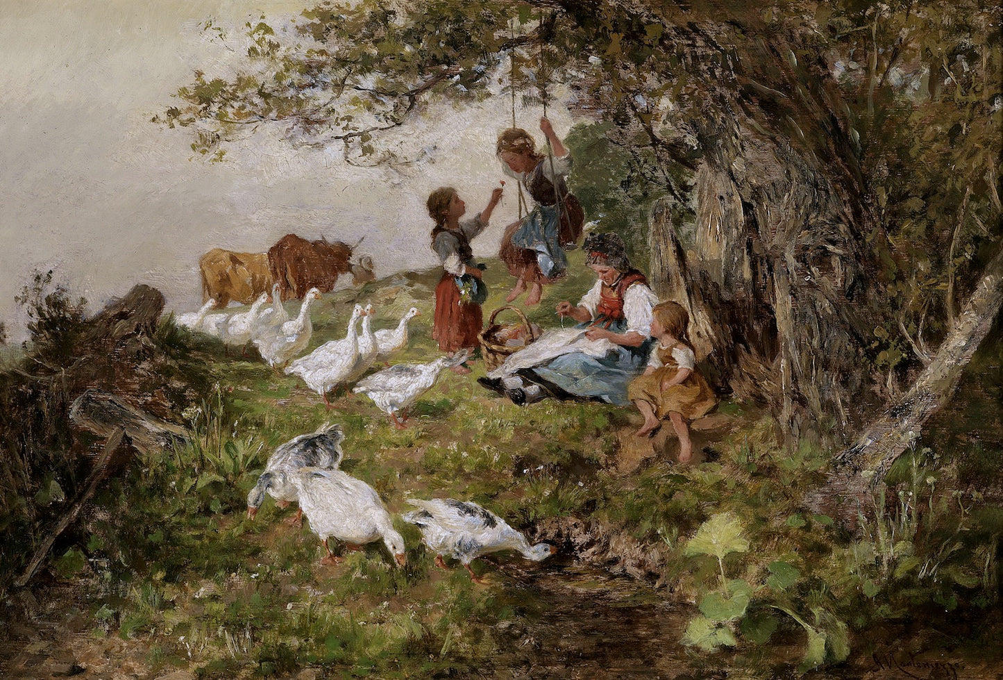 Rural idyll with playing children, farmer and flock of geese on a spring day, vintage artwork by Antonio Montemezzo, 12x8" (A4) Poster