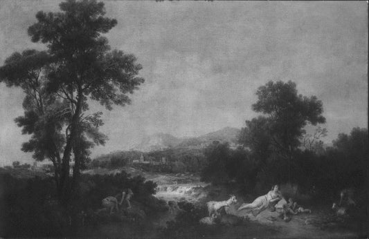 Landscape with a Stream and a Reclining Woman and Two Boys Beside Her, vintage artwork by Francesco Zuccarelli, 12x8" (A4) Poster