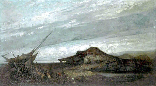 House on the Shore with Figures by  a Grounded Boat, vintage artwork by Auguste Joseph Delessard, 12x8" (A4) Poster