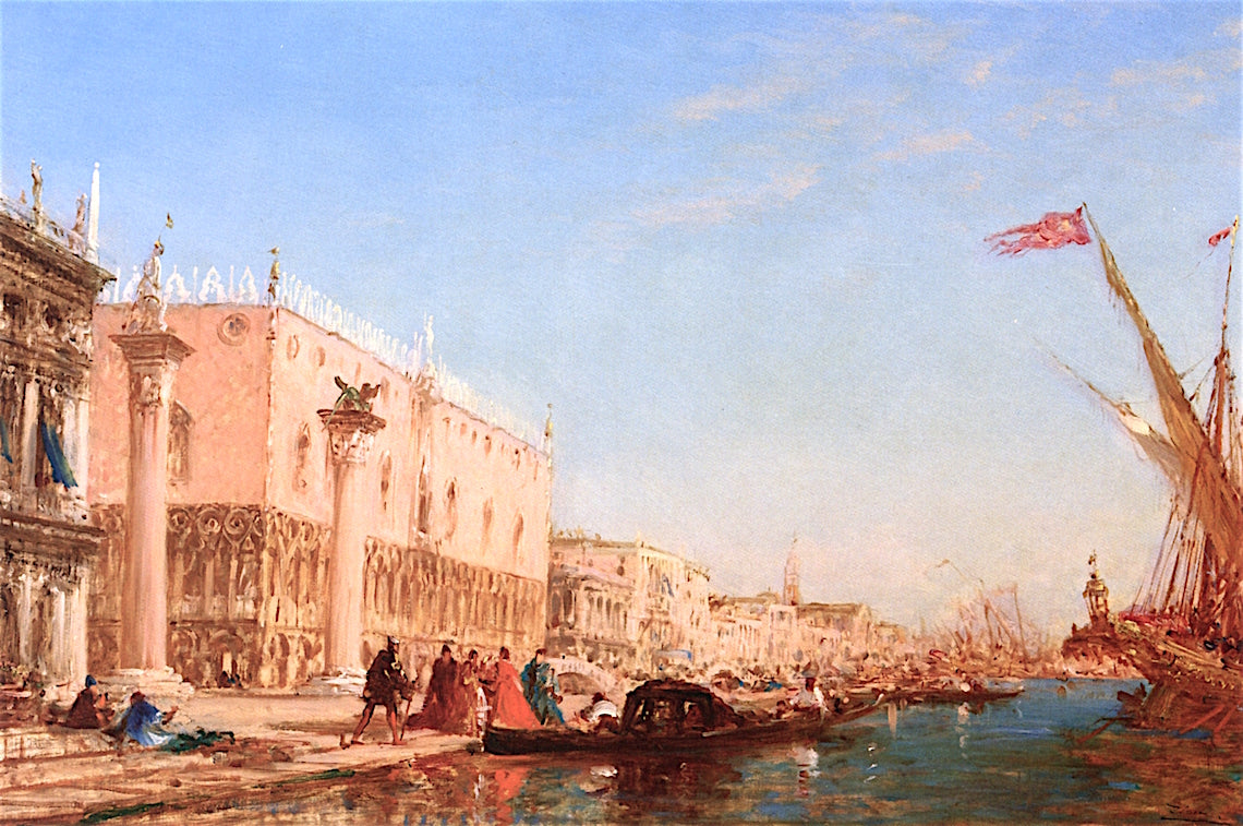 People on the Pier near the Doge's Palace, Venice, vintage artwork by Felix-Francois-Georges-Philbert Ziem, 12x8" (A4) Poster