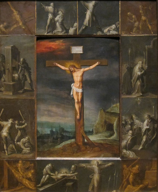 Crucifixion With Scenes of Martyrdom of the Apostles, vintage artwork by Frans Francken the Younger, 12x8" (A4) Poster
