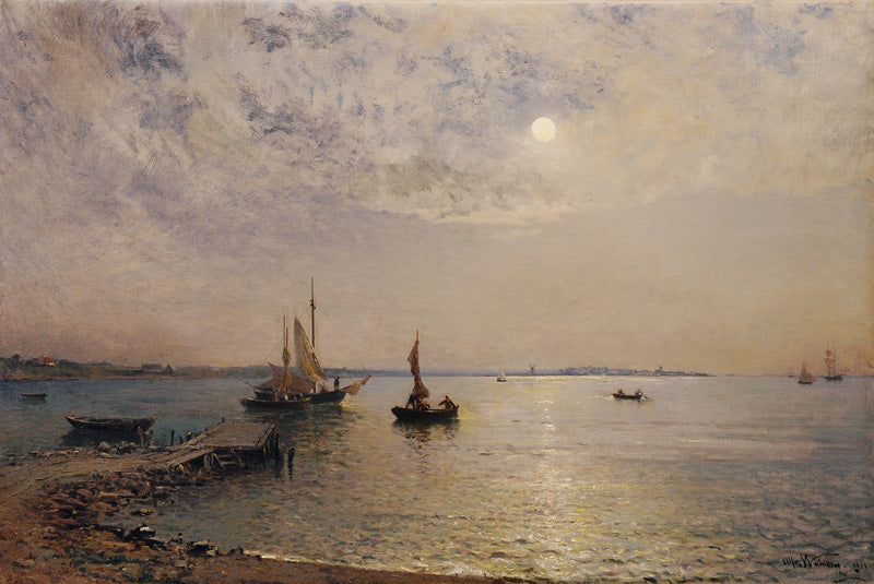 Fishing Boats under Moonlight, vintage artwork by Alfred Wahlberg, 12x8" (A4) Poster