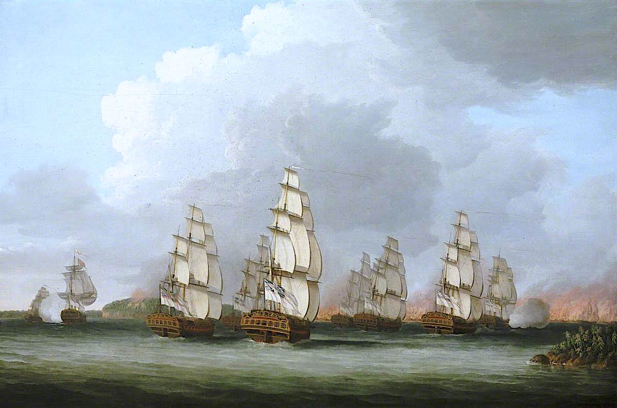 Destruction of the American Fleet at Penobscot Bay, 14 August 1779, vintage artwork by Dominic Serres, 12x8" (A4) Poster