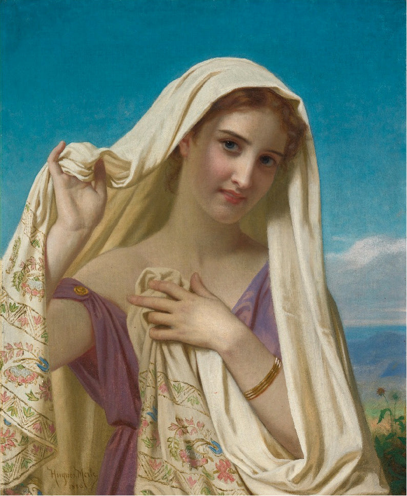 Young Girl in a Veil, vintage artwork by Hugues Merle, 12x8" (A4) Poster