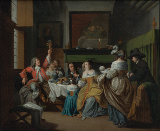 A domestic scene in an interior with figures eating and drinking around a table, vintage artwork by Jan Josef Horemans the Elder, 12x8" (A4) Poster