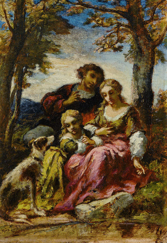 Figures and a Dog in a Landscape, vintage artwork by Narcisse Dìaz de la Peña, A3 (16x12") Poster Print