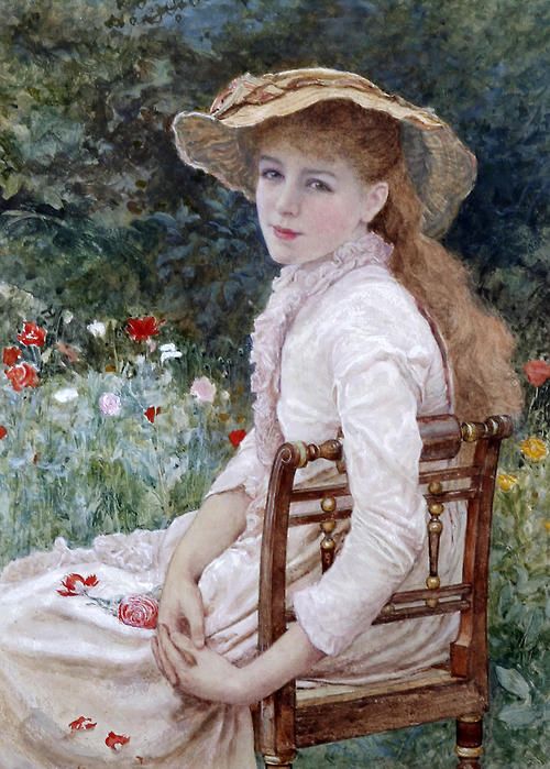 Young Lady Seated in the Garden, vintage artwork by Edward Killingworth Johnson, 12x8" (A4) Poster