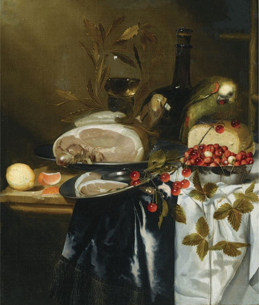 Still life of ham, a loaf of bread, strawberries, a Roemer and a glass flask with a parrot, vintage artwork by Harmen Loeding, 12x8" (A4) Poster