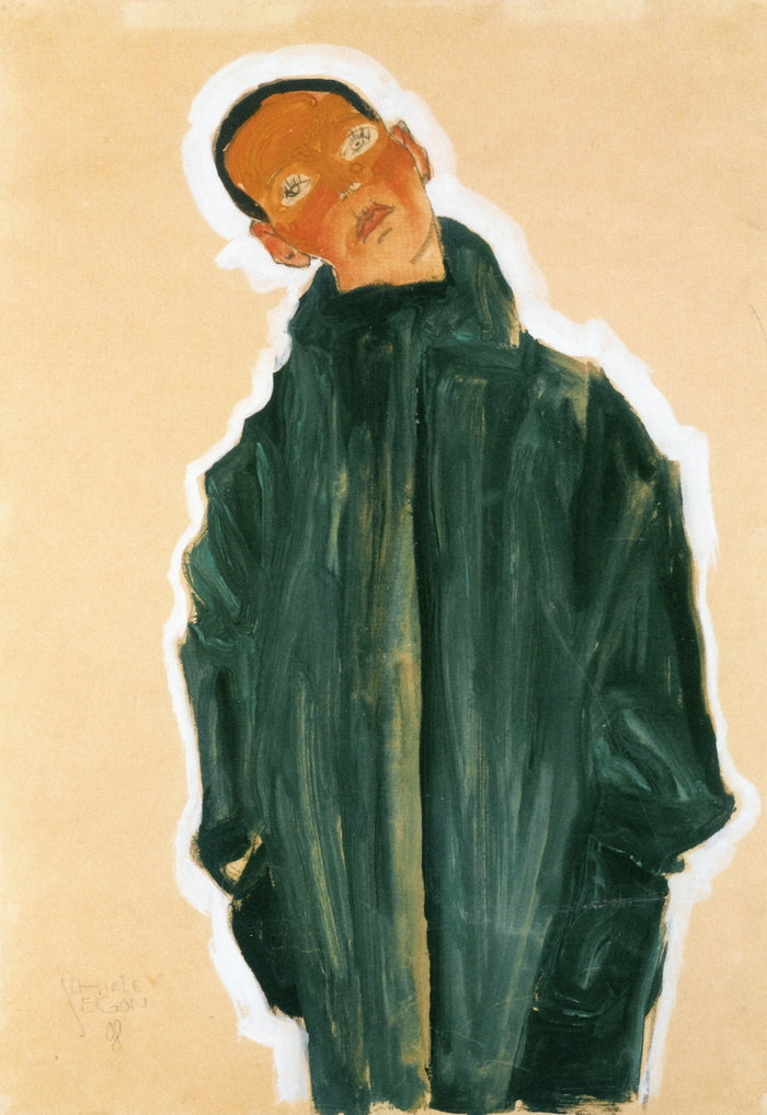 Boy in Green Coat, vintage artwork by Egon Schiele, 12x8