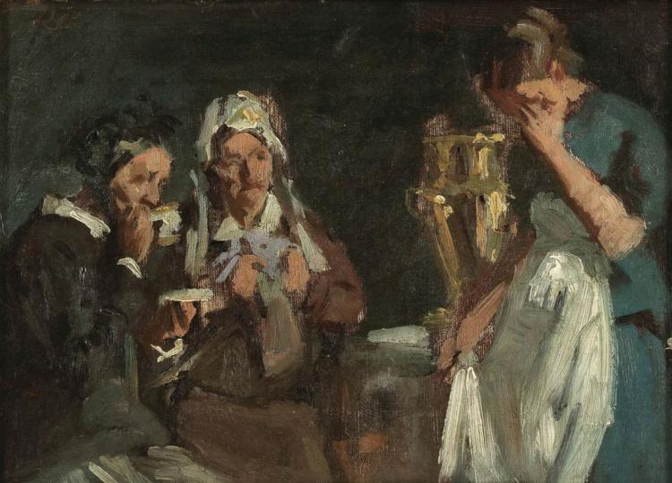 Three peasant women in the room, vintage artwork by Viggo Johansen, 12x8" (A4) Poster