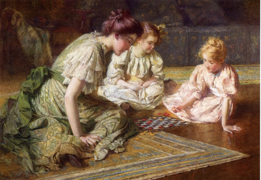 Mother and Daughters Playing Chess, vintage artwork by Francis Coates Jones, 12x8" (A4) Poster