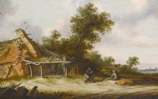 Two seated travellers conversing beside a sandy road in front of a ruined barn, vintage artwork by Salomon van Ruysdael, 12x8" (A4) Poster