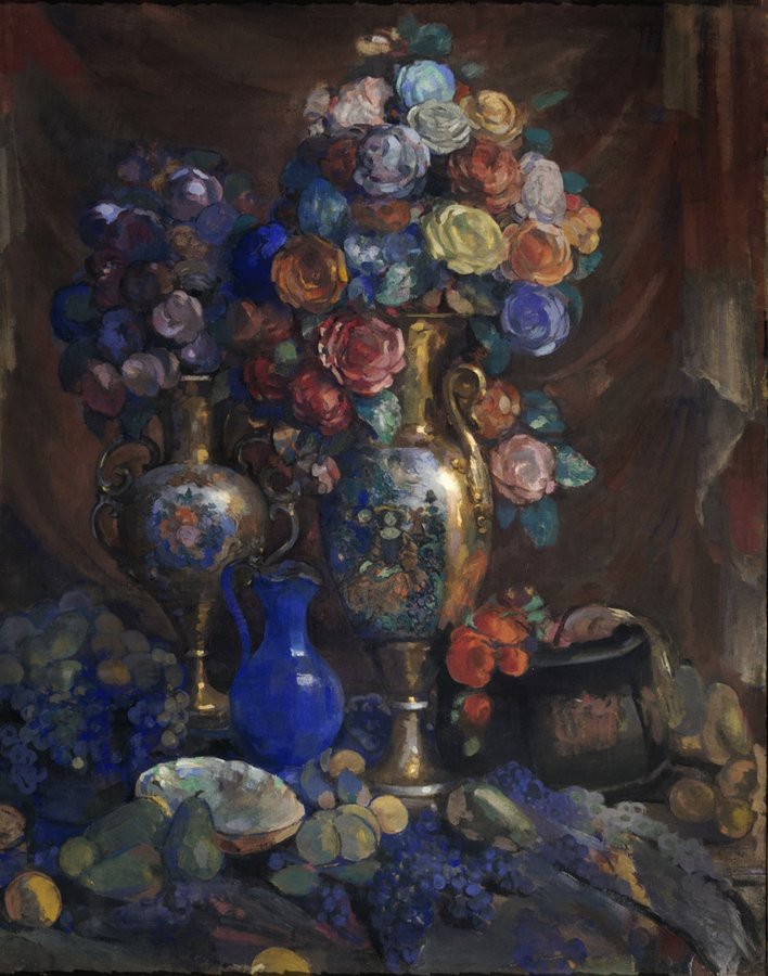 Vases, Flowers and Fruit, vintage artwork by Nikolai Sapunov, 12x8" (A4) Poster