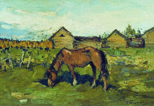 Village Landscape with a Horse, vintage artwork by Leonard Turzhansky, 12x8" (A4) Poster