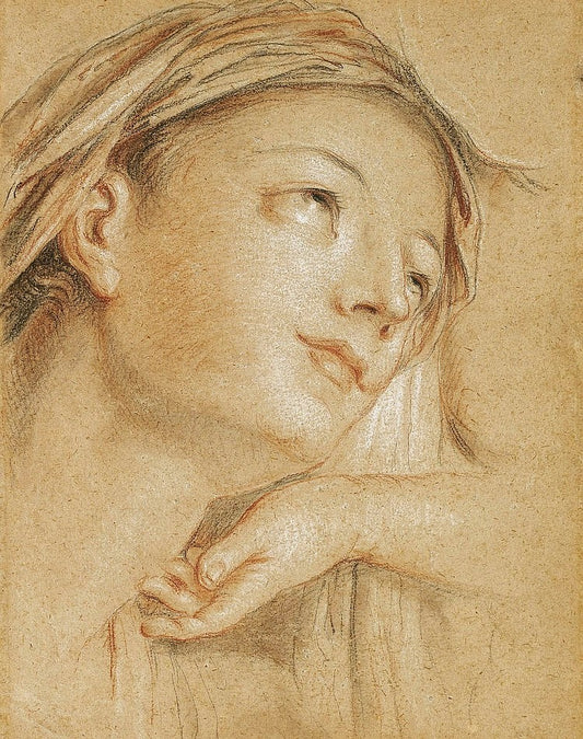 The Head of the Virgin, Looking up to the Right, with a Subsidiary Study of a Hand, vintage artwork by Charles-Antoine Coypel IV, 12x8" (A4) Poster