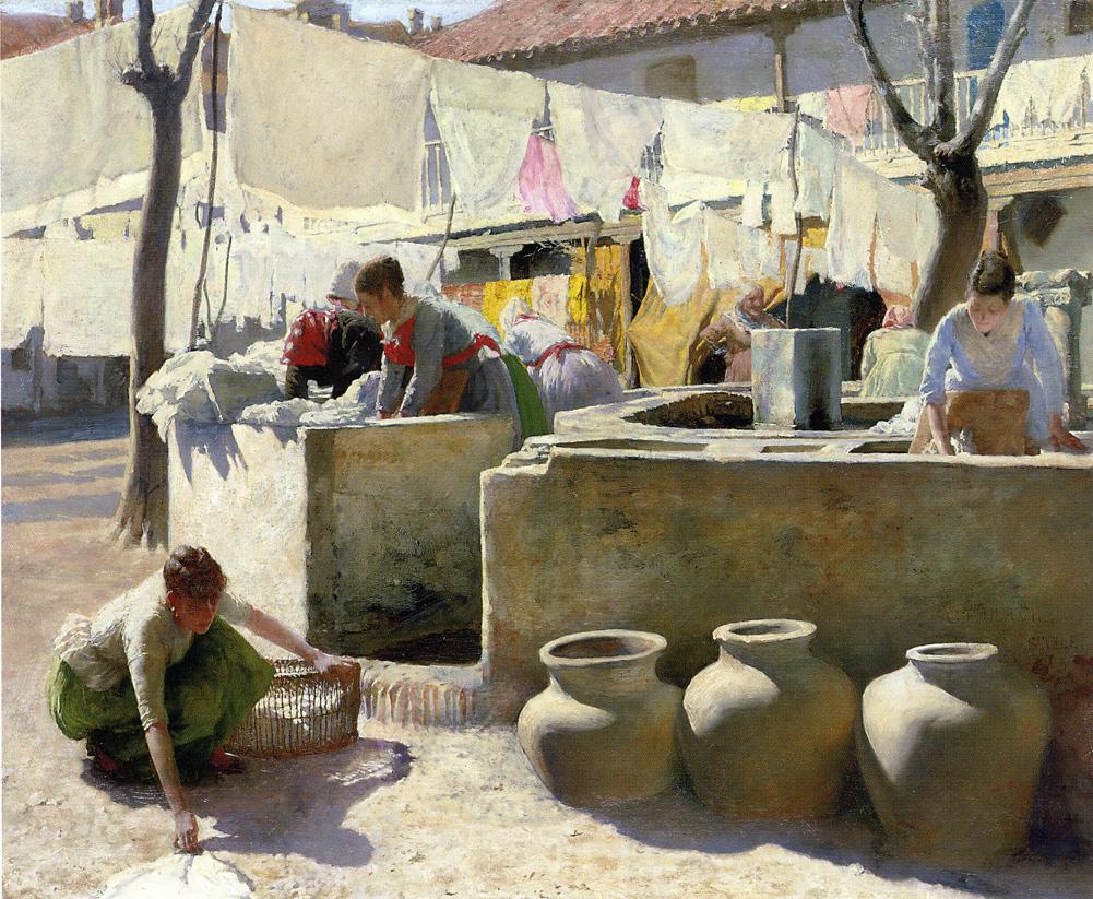 Washerwomen, Seville, vintage artwork by Charles Frederic Ulrich, 12x8" (A4) Poster