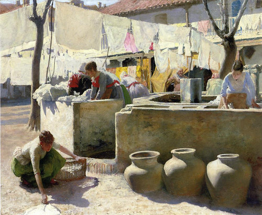 Washerwomen, Seville, vintage artwork by Charles Frederic Ulrich, 12x8" (A4) Poster