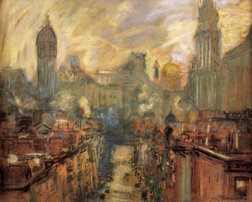 Lower New York from Manhattan Bridge, vintage artwork by Arthur Clifton Goodwin, 12x8" (A4) Poster