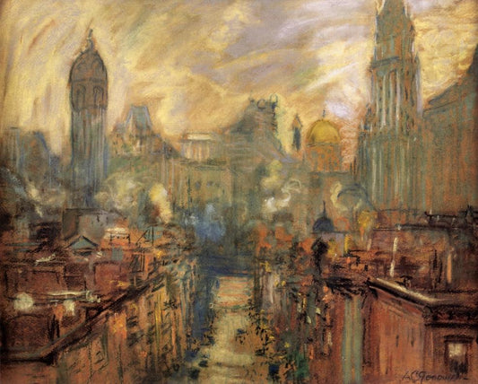 Lower New York from Manhattan Bridge, vintage artwork by Arthur Clifton Goodwin, 12x8" (A4) Poster
