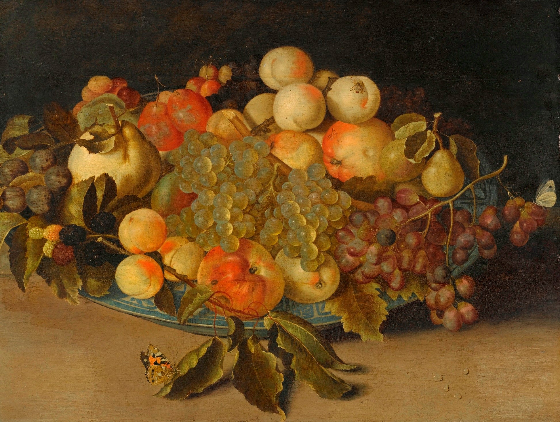 Still Life with Blackberries, Apples, Peaches and Pears in a Blue and Whit Porcelain Bowl, vintage artwork by Johannes Bosschaert, 12x8" (A4) Poster