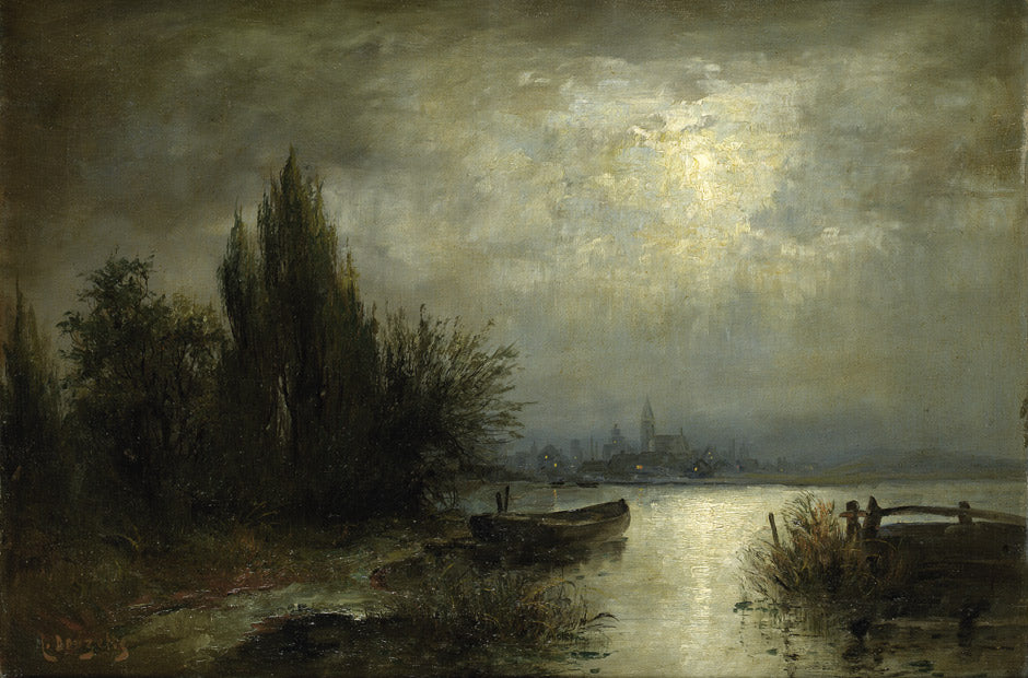 Moonlit Night, vintage artwork by Louis Douzette, 12x8" (A4) Poster