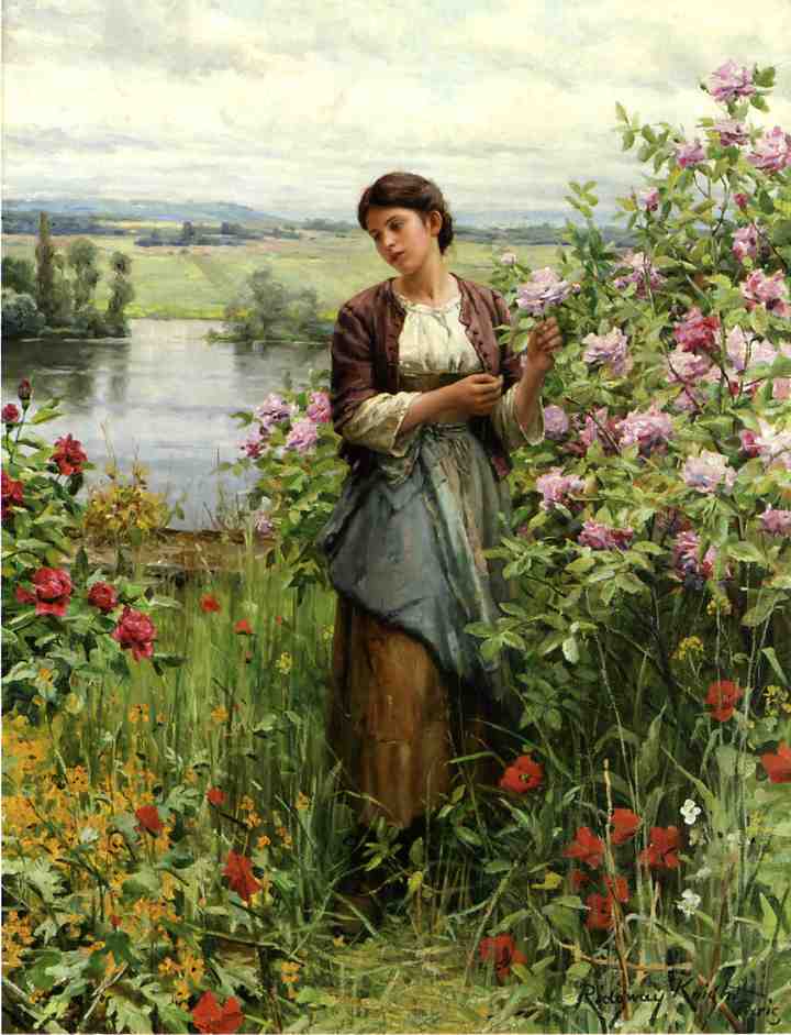 Julia among the Roses, vintage artwork by Daniel Ridgway Knight, 12x8" (A4) Poster
