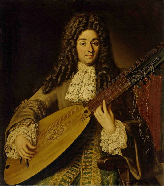 Portrait of a musician playing a theorbo, vintage artwork by Italian School 17th Century - Unknown, 12x8" (A4) Poster