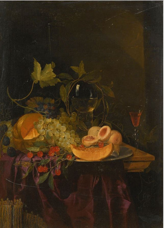 Still Life of a Melon, Grapes, Peaches and a Glass Roemer on a Partially-draped Table, vintage artwork by Harmen Loeding, 12x8" (A4) Poster