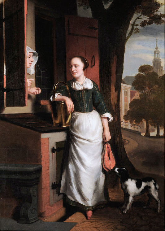 Two Chattering Housewives, vintage artwork by Nicolaes Maes, 12x8" (A4) Poster