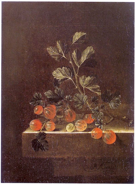Still life with a spray of gooseberries, vintage artwork by Adriaen Coorte, 12x8" (A4) Poster