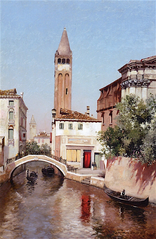Gondolas under a Bridge, Venice, vintage artwork by Warren W. Sheppard, 12x8" (A4) Poster