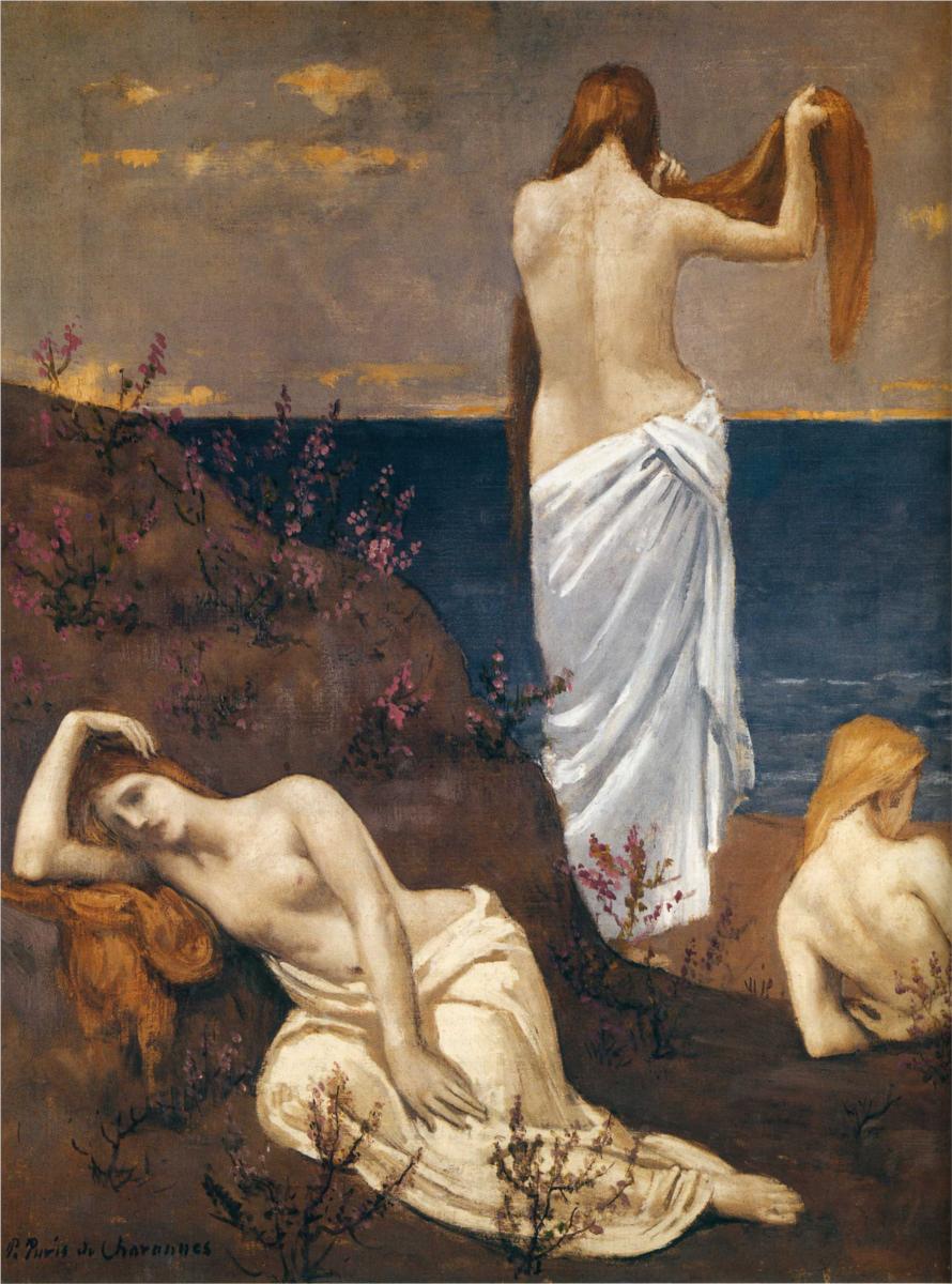 Young Girls by  the Sea, vintage artwork by Pierre Puvis de Chavannes, 12x8" (A4) Poster