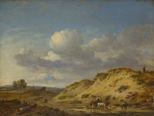 Peasants Driving Cattle and Sheep down a Sandhill, and Two Sportsmen with Dogs, vintage artwork by Jan Wijnants, 12x8" (A4) Poster