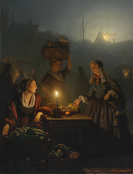 Buying Fruit and Vegetables at the Night Market, vintage artwork by Petrus van Schendel, A3 (16x12") Poster Print