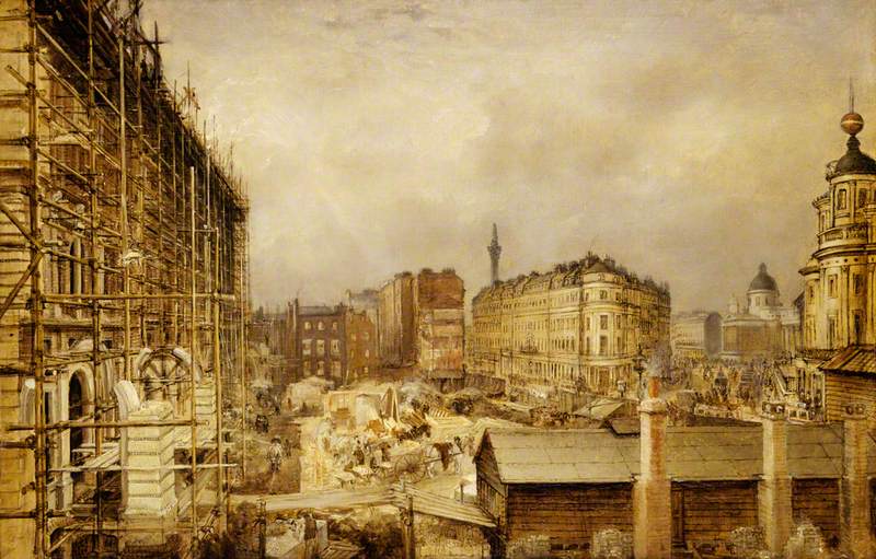 The Construction of the Charing Cross Station Hotel, London, vintage artwork by British School 19th Century - Unknown, A3 (16x12") Poster Print