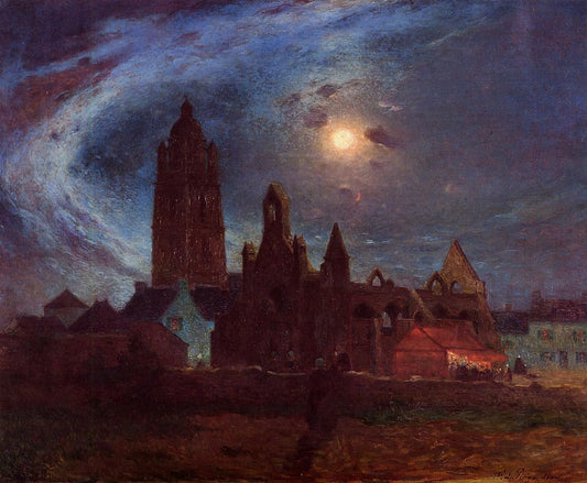 The Bourg-de-Batz Church under the Moon, vintage artwork by Ferdinand du Puigaudeau, 12x8" (A4) Poster