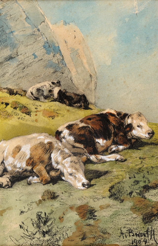Landscape with grazing calves, vintage artwork by Anton Braith, 12x8" (A4) Poster