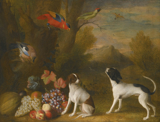 Landscape with Exotic Birds and Two Dogs, vintage artwork by Jakob Bogdány, 12x8" (A4) Poster