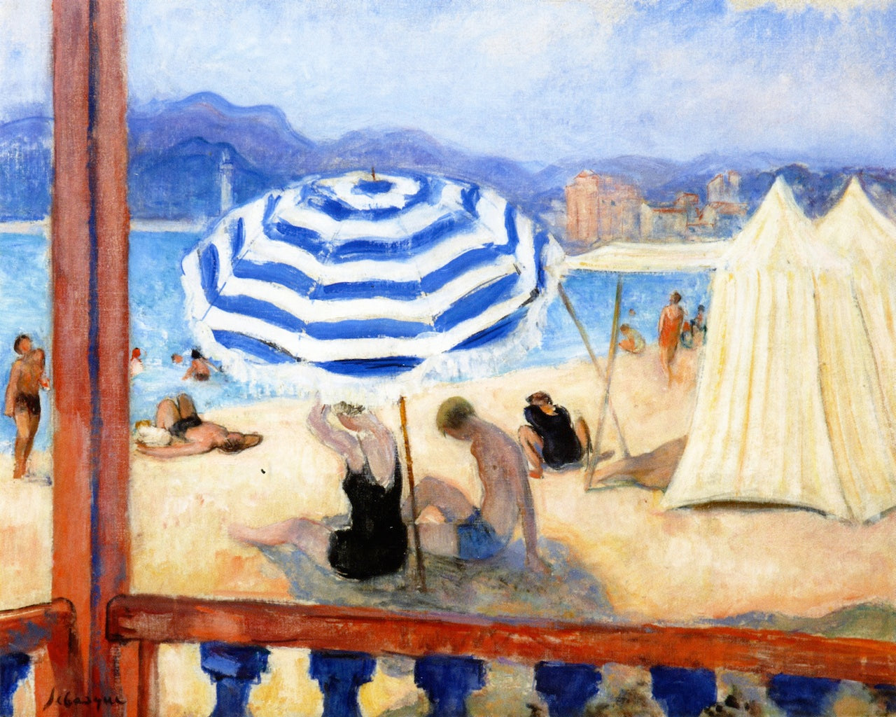 Cannes, Blue Parasol and Tents, vintage artwork by Henri Lebasque, 12x8" (A4) Poster