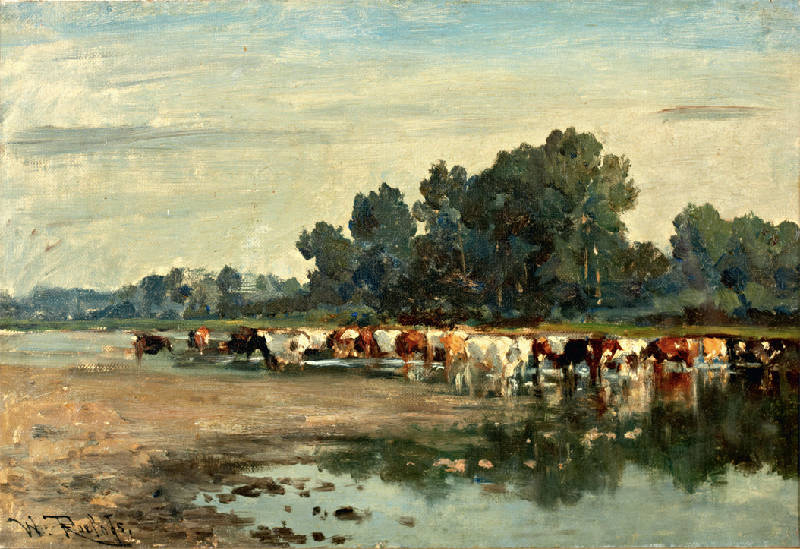 Landscape with cows on the waterfront, vintage artwork by Willem Roelofs, 12x8" (A4) Poster