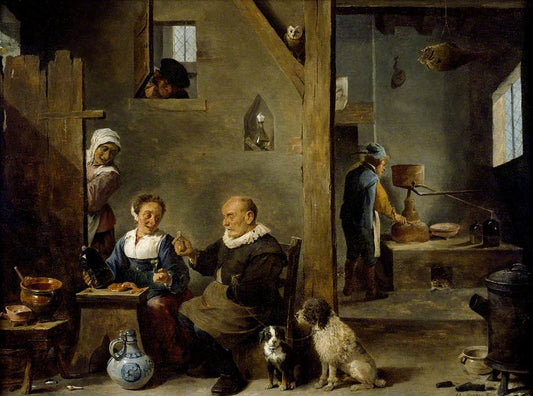 A Distillery with an Elderly Man Buying Gin from a Woman, vintage artwork by David Teniers (II), 12x8" (A4) Poster