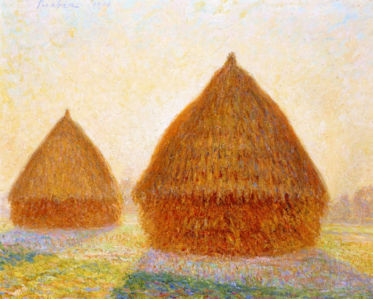 Backlit Haystacks, Moret, Evening, vintage artwork by Maximilien Luce, 12x8" (A4) Poster