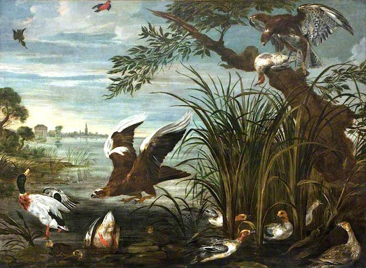 River Scene with Ducks and Geese Being Attacked by  Hawks, vintage artwork by David de Coninck, 12x8" (A4) Poster