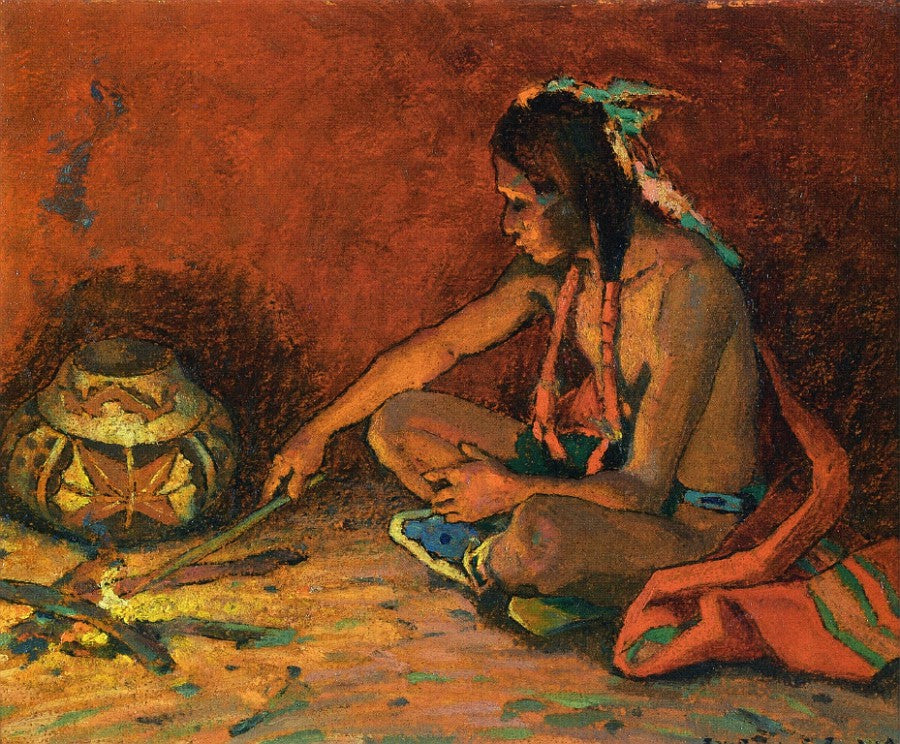 Pueblo Fireside, vintage artwork by Eanger Irving Couse, 12x8" (A4) Poster