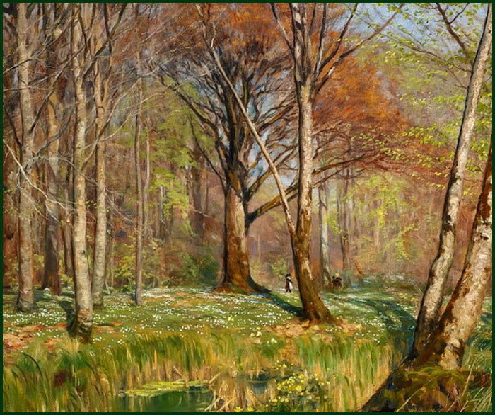 Children in a Spring Forest with Anemones in Bloom, vintage artwork by Hans Andersen Brendekilde, 12x8" (A4) Poster