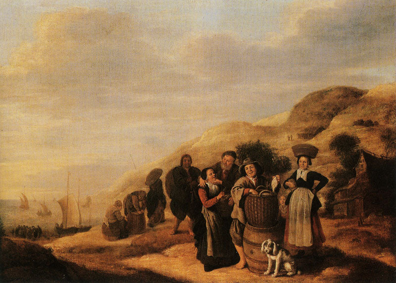 Beach Scene with Fish Folk, vintage artwork by Jan Miense Molenaer, 12x8" (A4) Poster