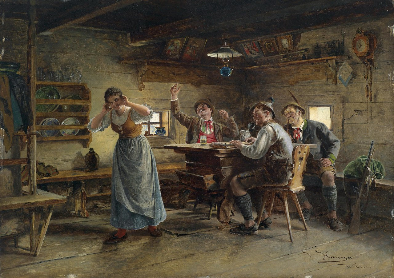 Musical Entertainment in the Alps, vintage artwork by Johann Hamza, 12x8" (A4) Poster