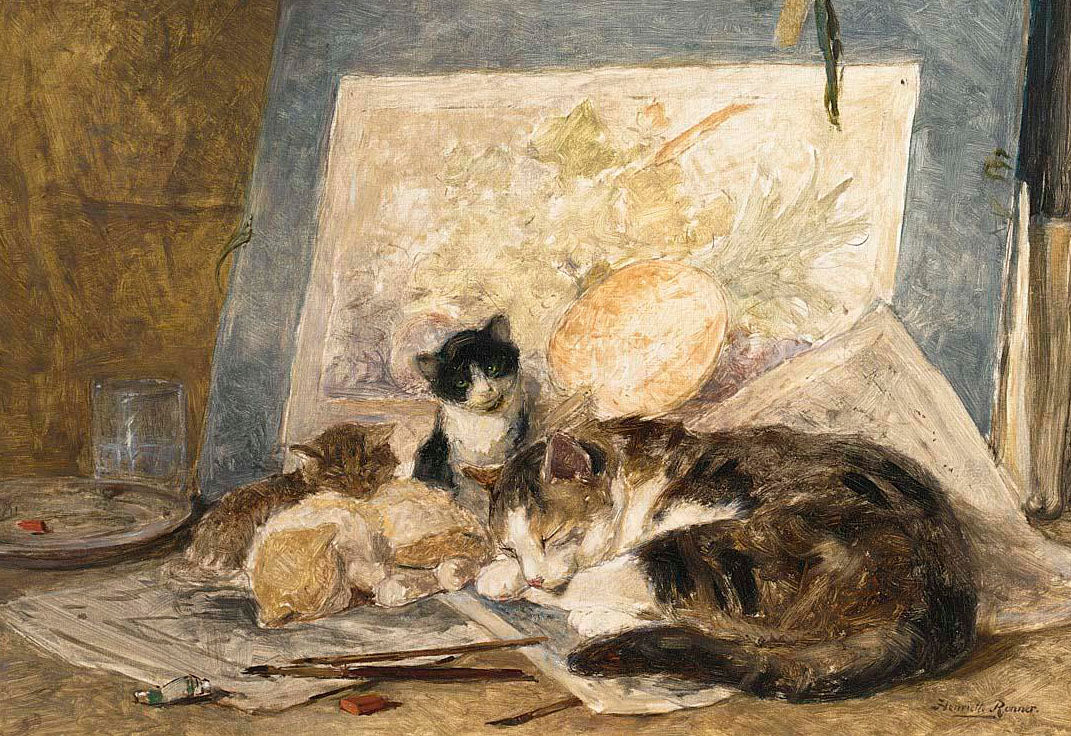 A Cat and Her Kittens in the Artist's Studio, vintage artwork by Henriette Ronner-Knip, A3 (16x12") Poster Print