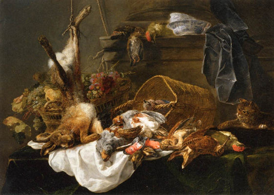 Cat, Venison and a Basket of Grapes, vintage artwork by Jan Fyt, 12x8" (A4) Poster